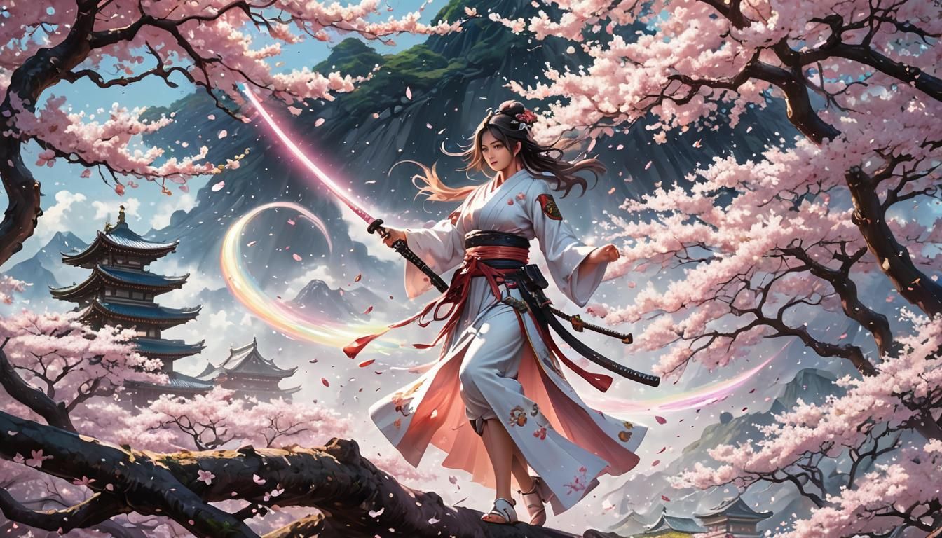 Samurai Woman Amidst Rainbow Cherry Blossoms in Anime Style