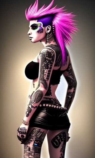 Cyberpunk Punk Girl with Neon Hair and Tattoos