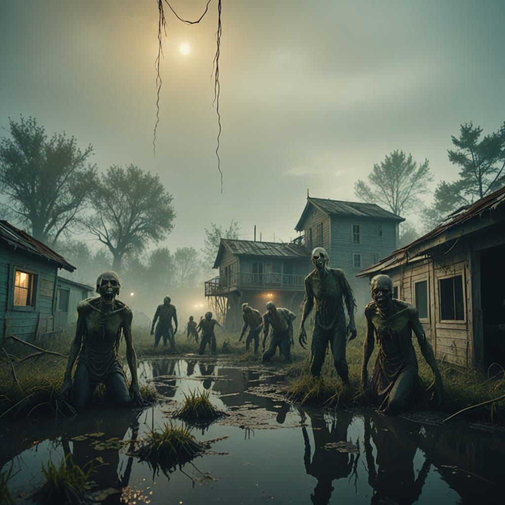 Eerie Surrealism: Zombies Crawling From Swamp Funhouse