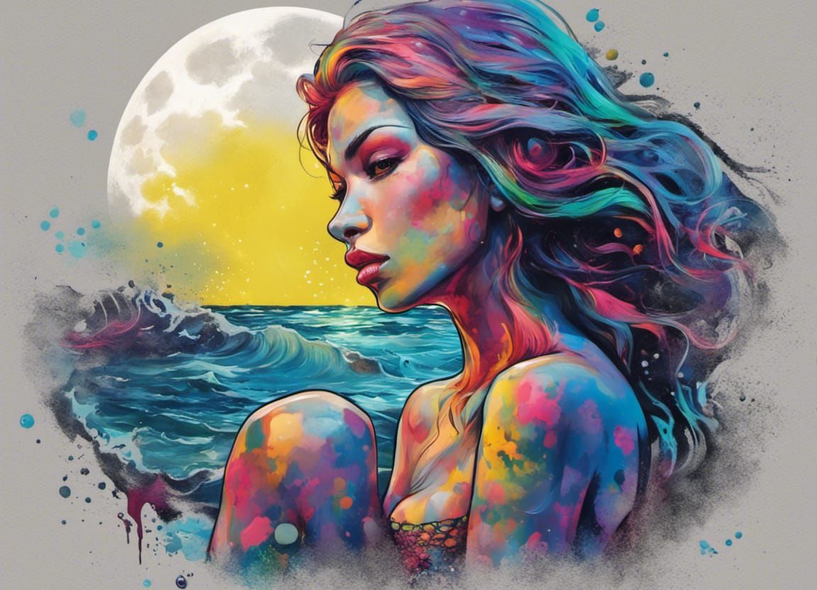Mermaid Under Moonlight: Graffiti Street Art