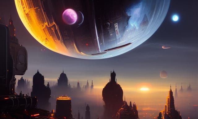 Cosmic City in Space, Detailed Digital Painting