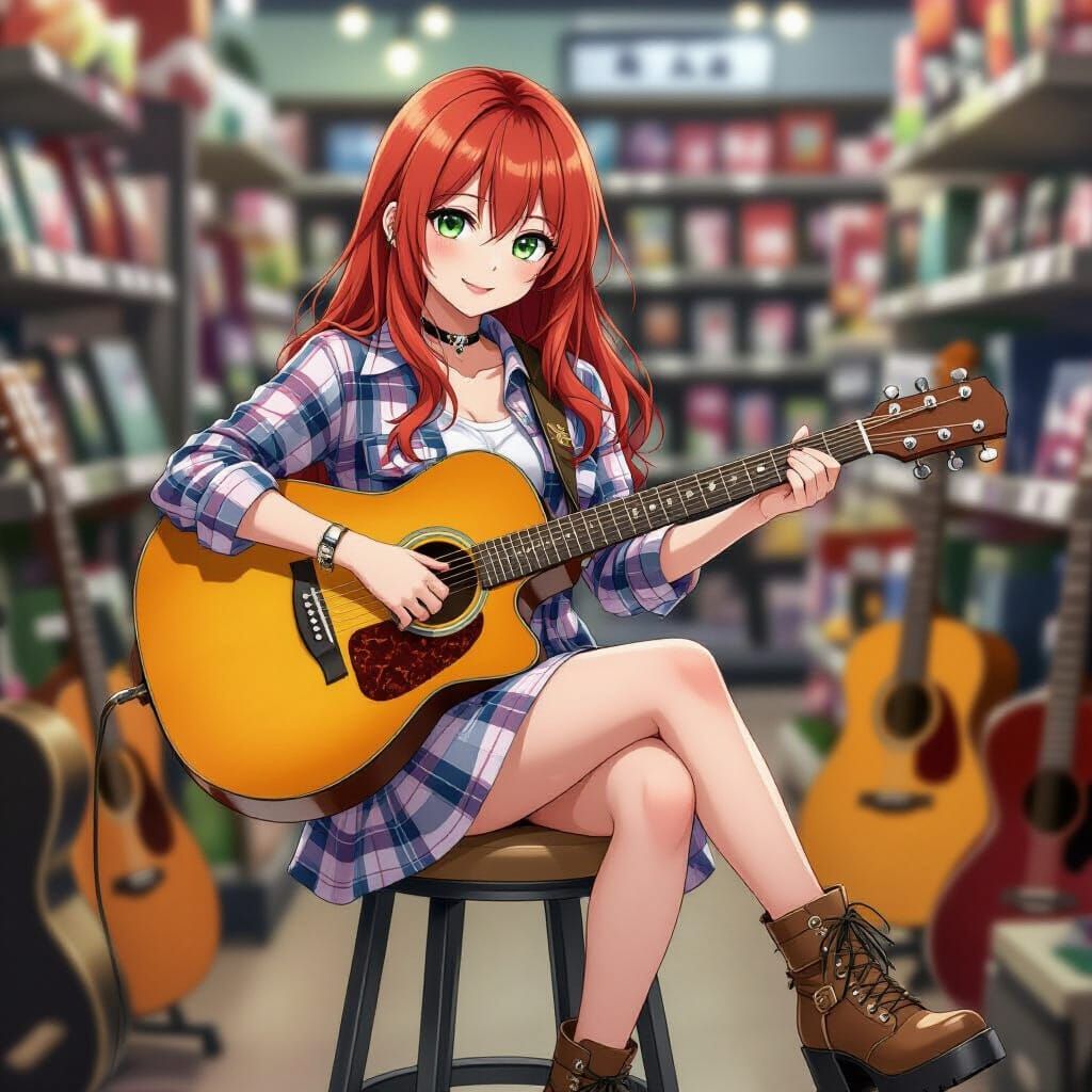 Anime Woman Plays Guitar in Store