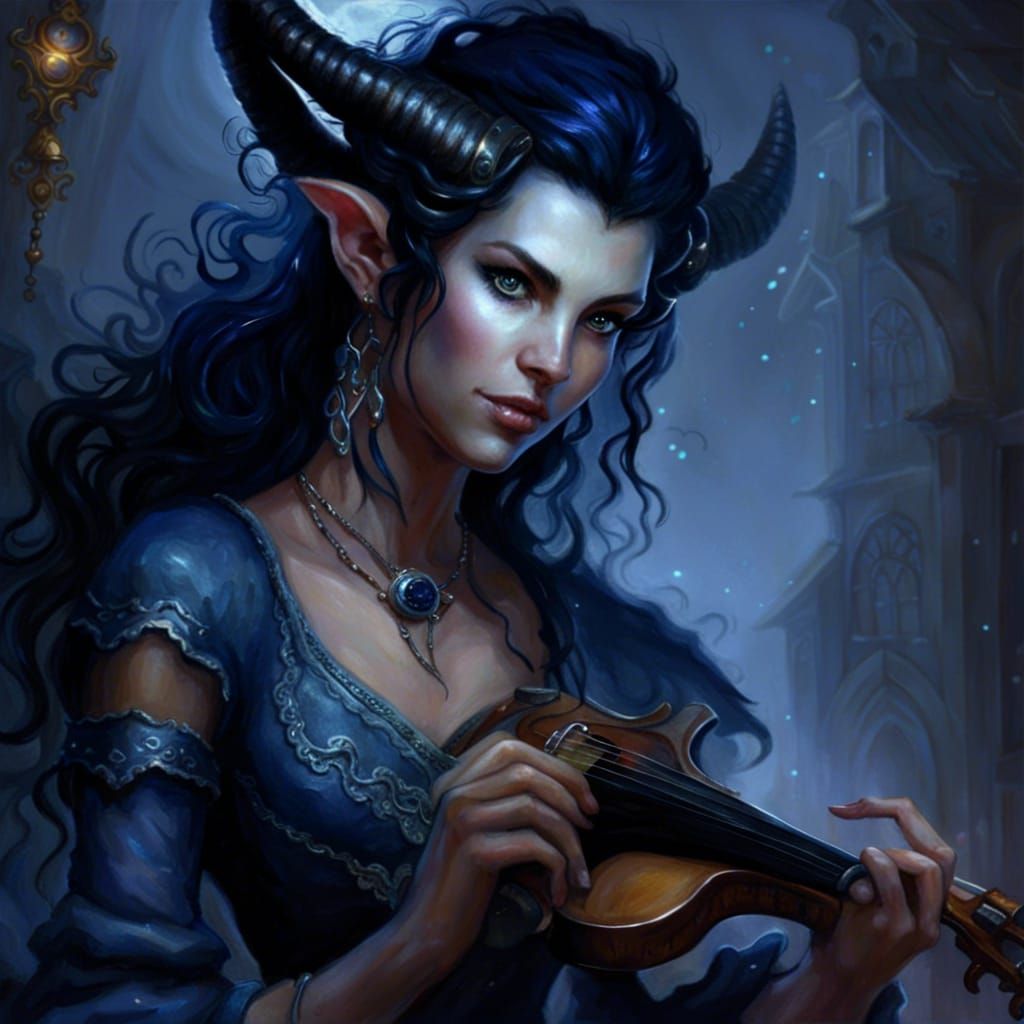 Tiefling Bard with Silver Eyes, Ethereal Fantasy Art