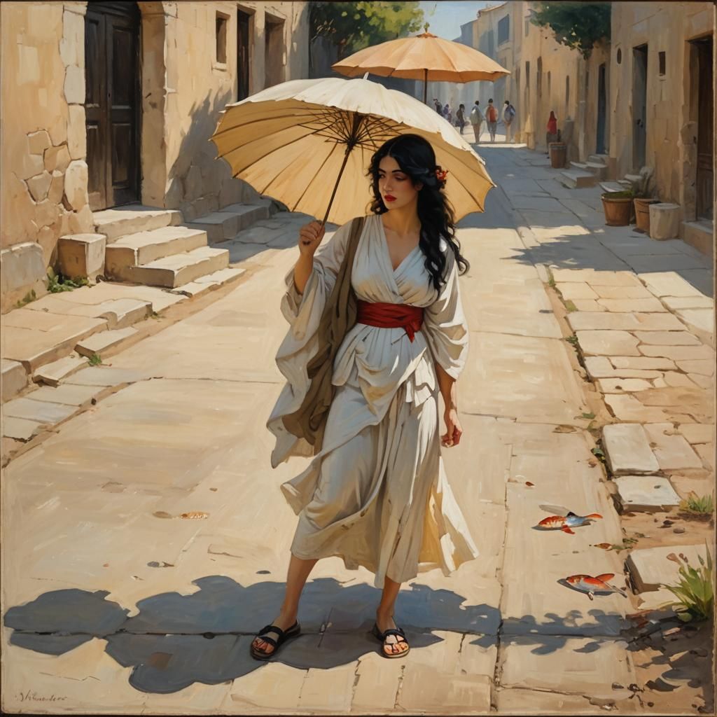 Ancient Greek Woman with Parasol: Impressionist Painting