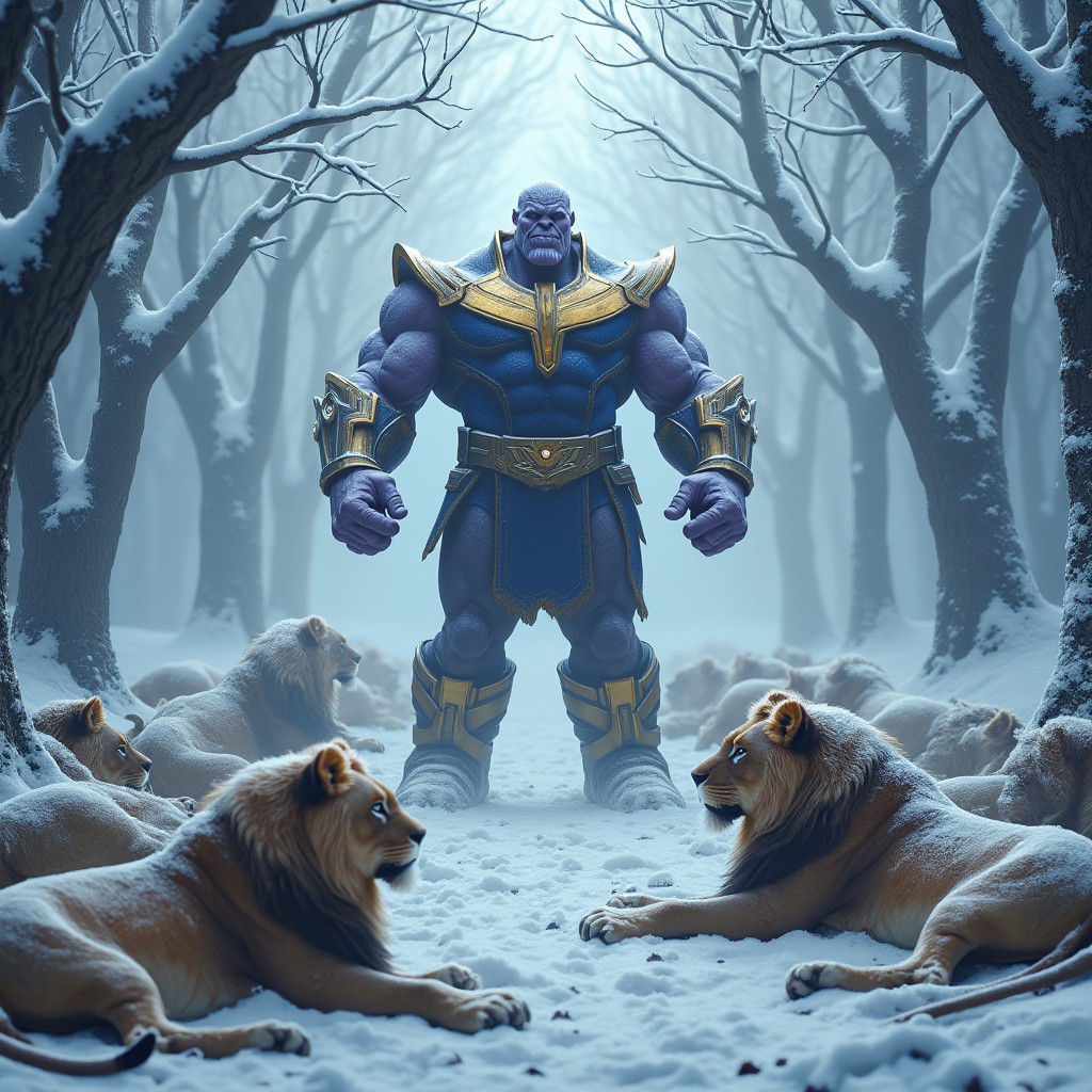 Triumphant Thanos in Winter Forest of Defeated Lions