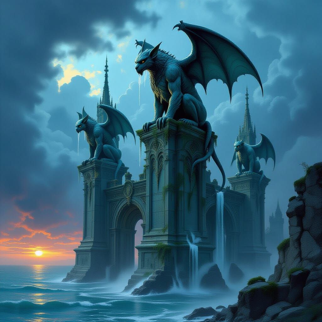 Gargoyles on Art Nouveau Spires Over Surreal Sea