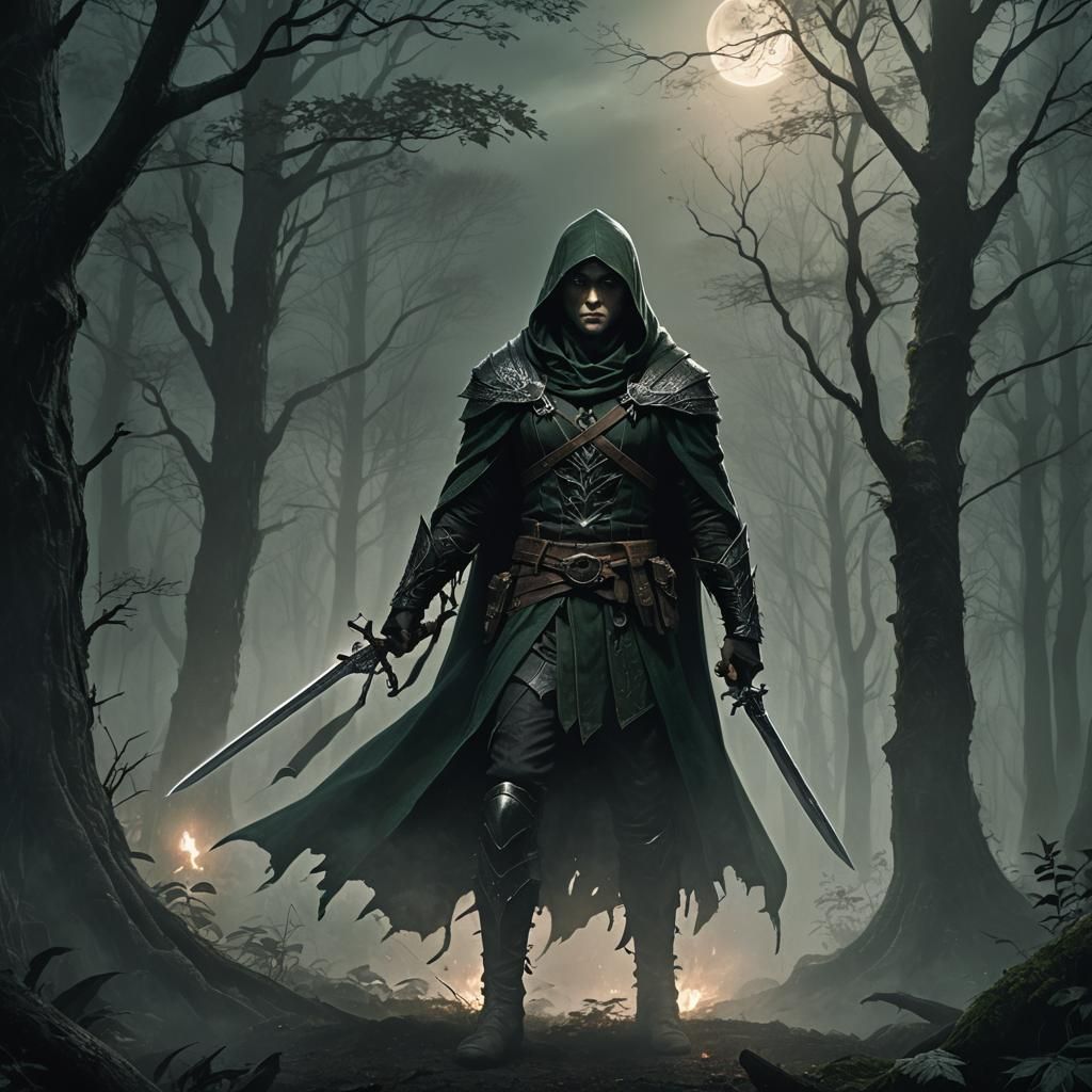 Elven Assassin in Misty Forest: Dark Fantasy Art