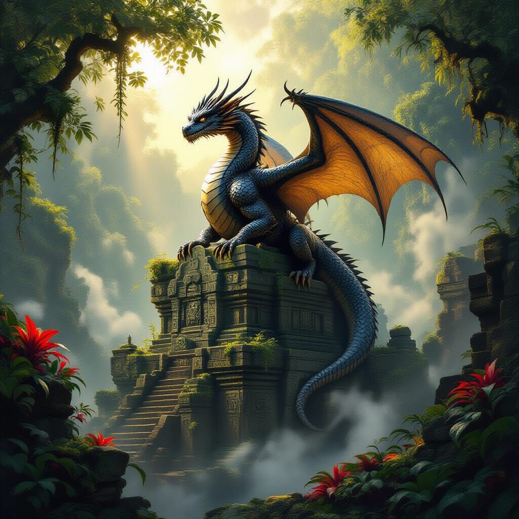 Ancient Obsidian Dragon on Ruined Temple in Golden Sunlight