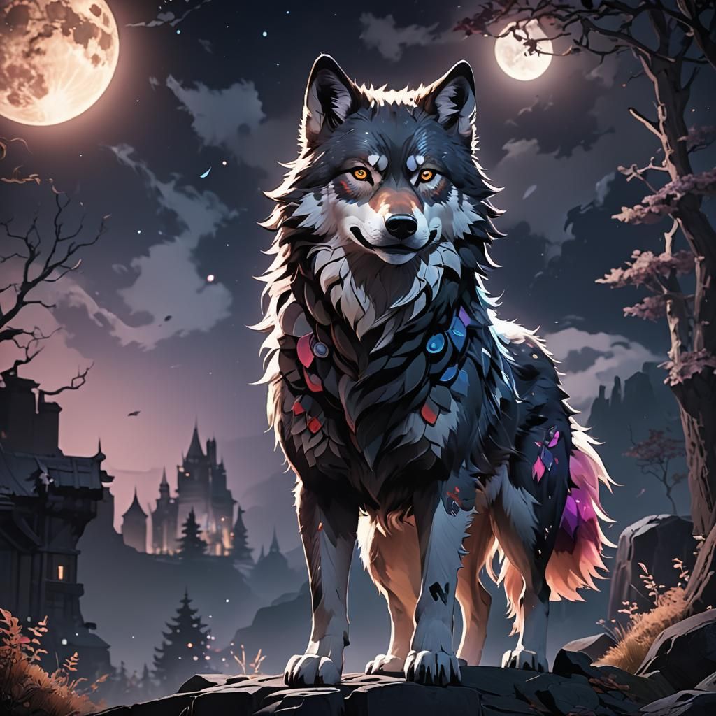 Fantasy Anime Wolf in Moonlight, 3D Art