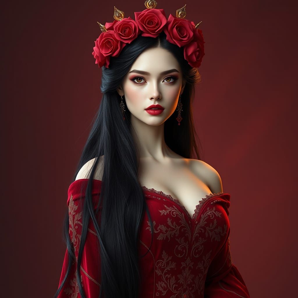Fantasy Rose Queen in Velvet Gown with Golden Embroidery