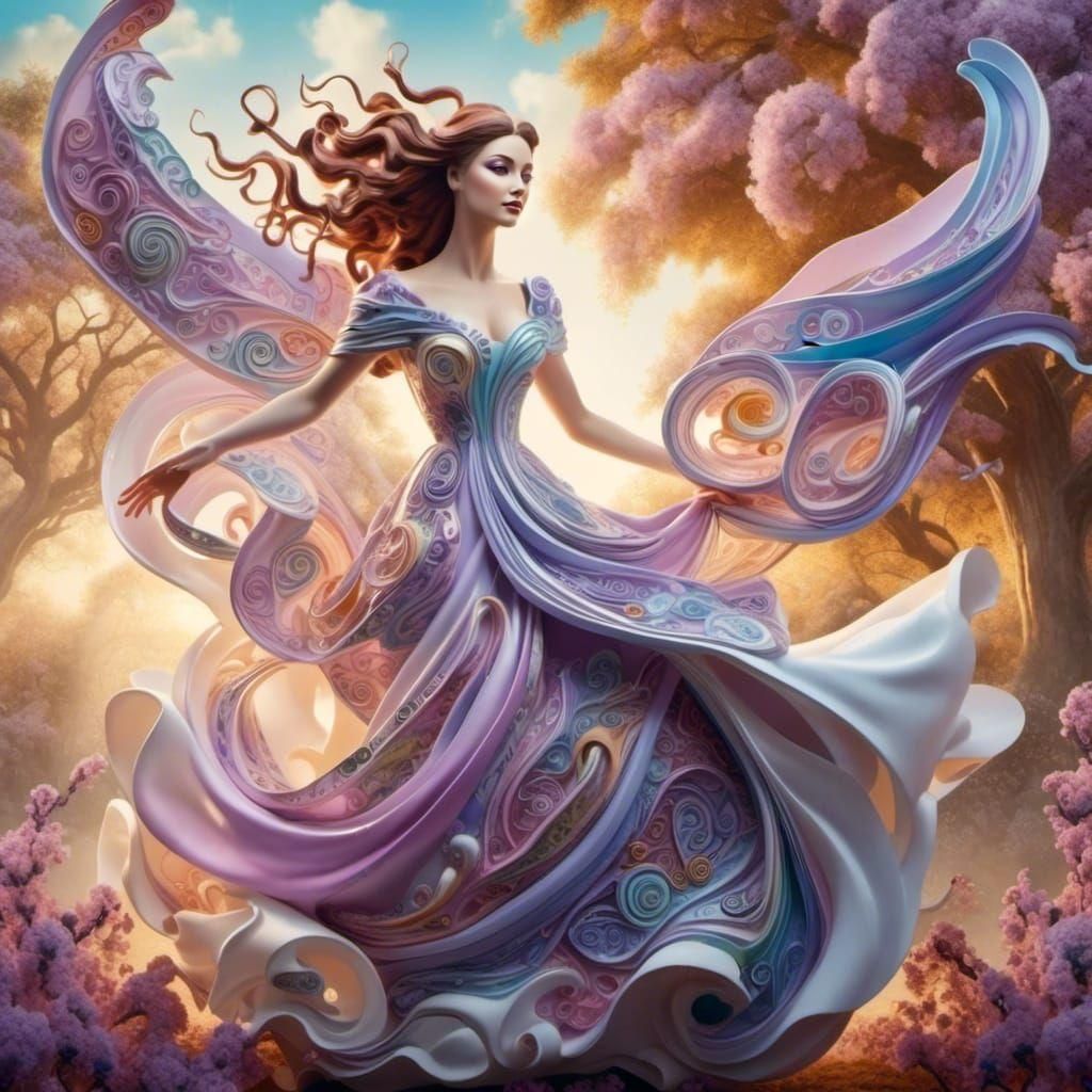 Paisley Woman with Wings in Fantasy Landscape