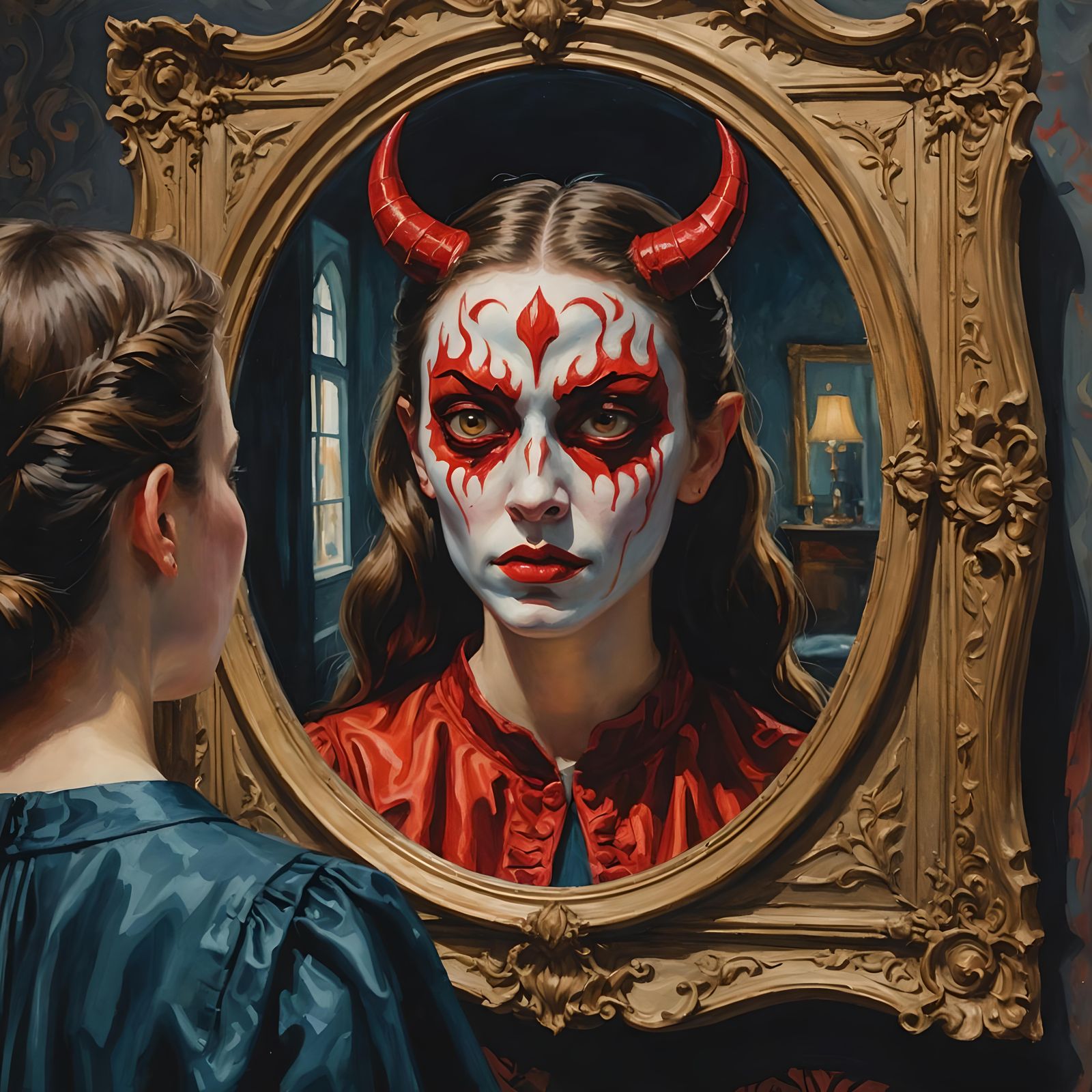 Woman Sees Devil in Mirror: Magic Realism Gouache
