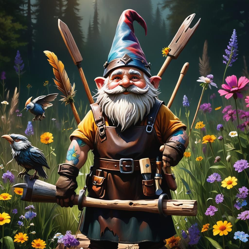 Gnome Rides Bird with Tools in Hyperrealistic Style