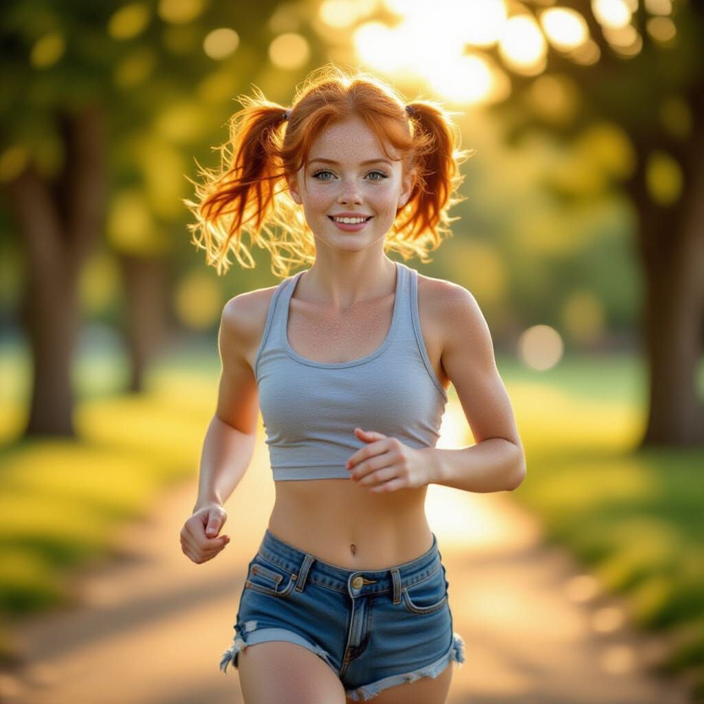 Redhead Jogger in Sunny Park at Golden Hour