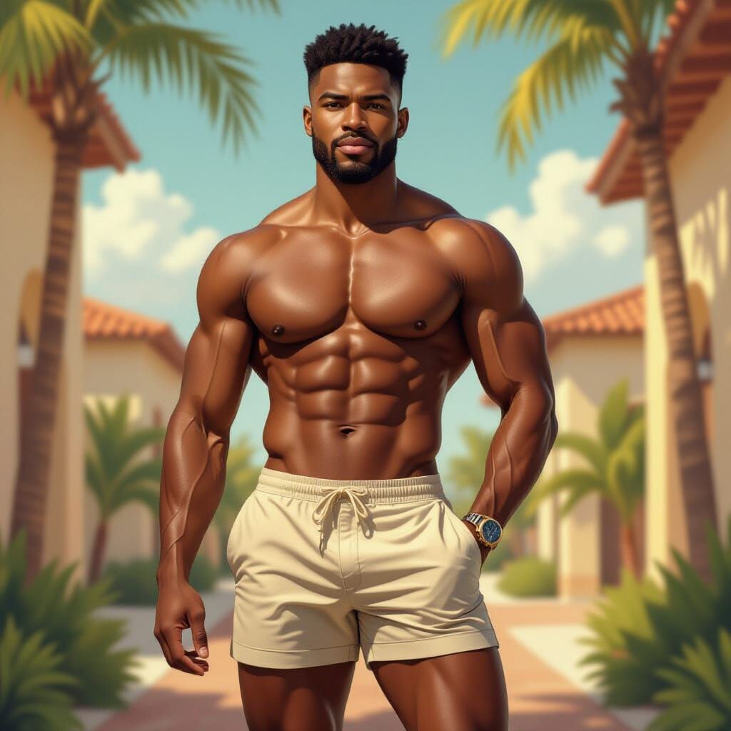 Confident Black Man Posing Outdoors in Photorealistic Style