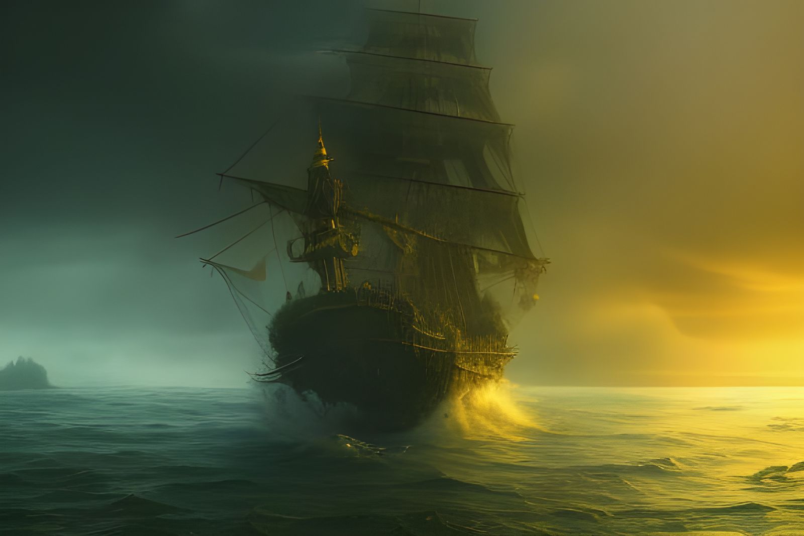 Eerie Ghostly Pirate Ship on Green Water