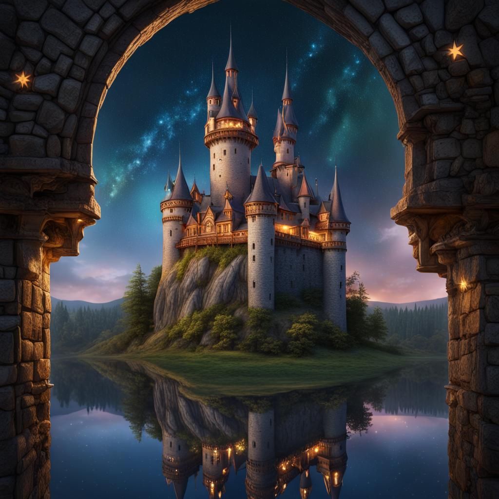 Whimsical Castle Mirrored in Fantasy Landscape