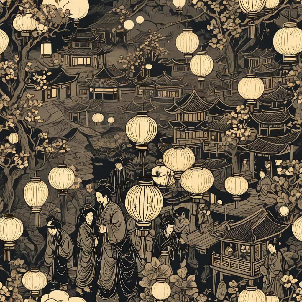 Lantern Festival in Chinese Woodcut Style