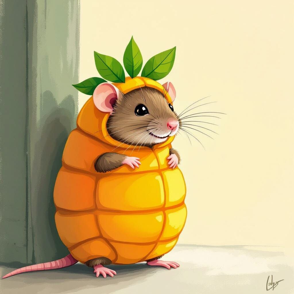 Whimsical Rat in a Mango Costume Illustration
