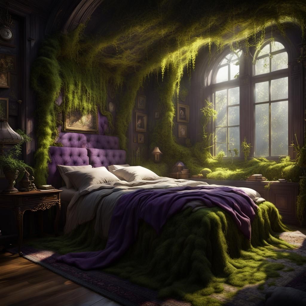 Lush Bedroom Ferns in Dark Fantasy Style