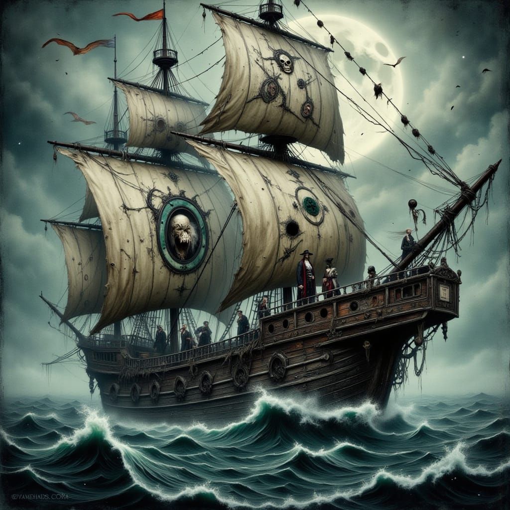Ghostly Pirate Ship in Victorian Gothic Style