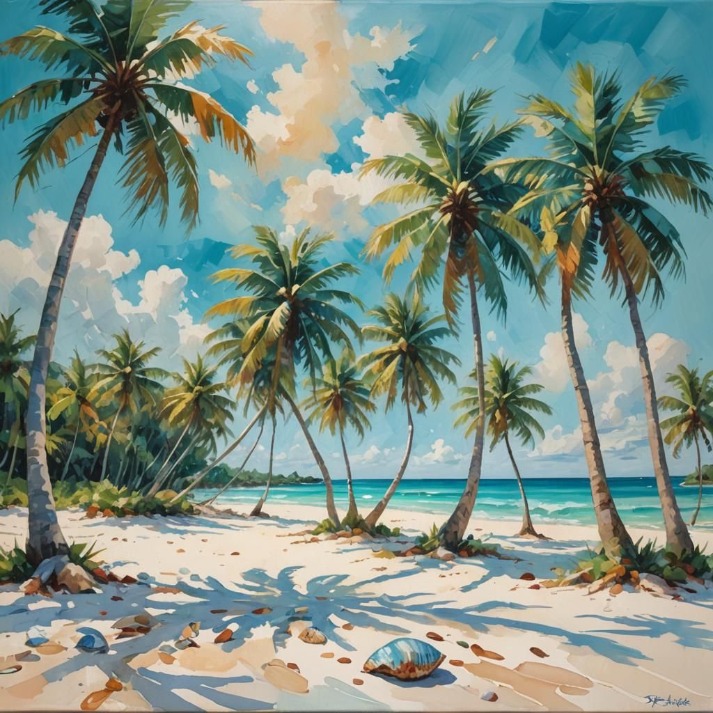 Caribbean Beach Impressionist Gouache Painting