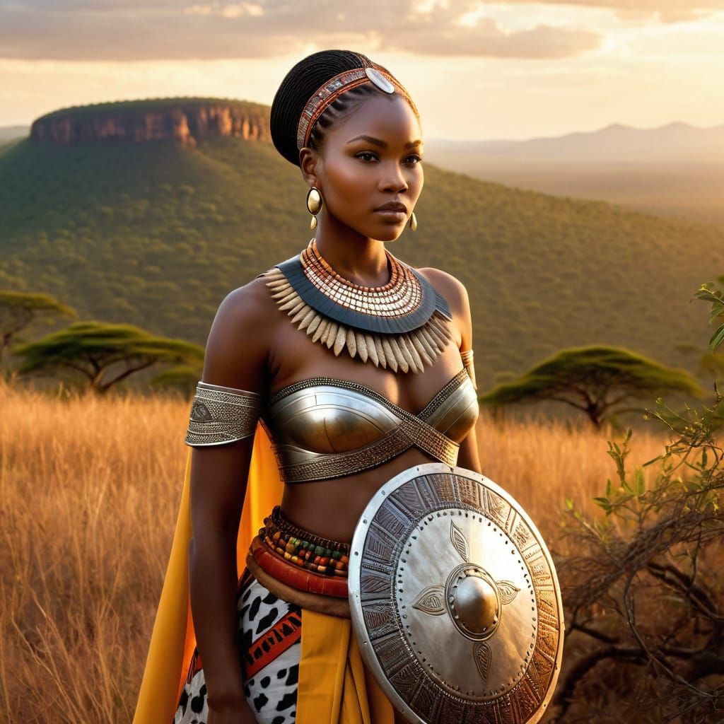 Basoga Warrior Princess in Kanga Skirt with African Landscap...