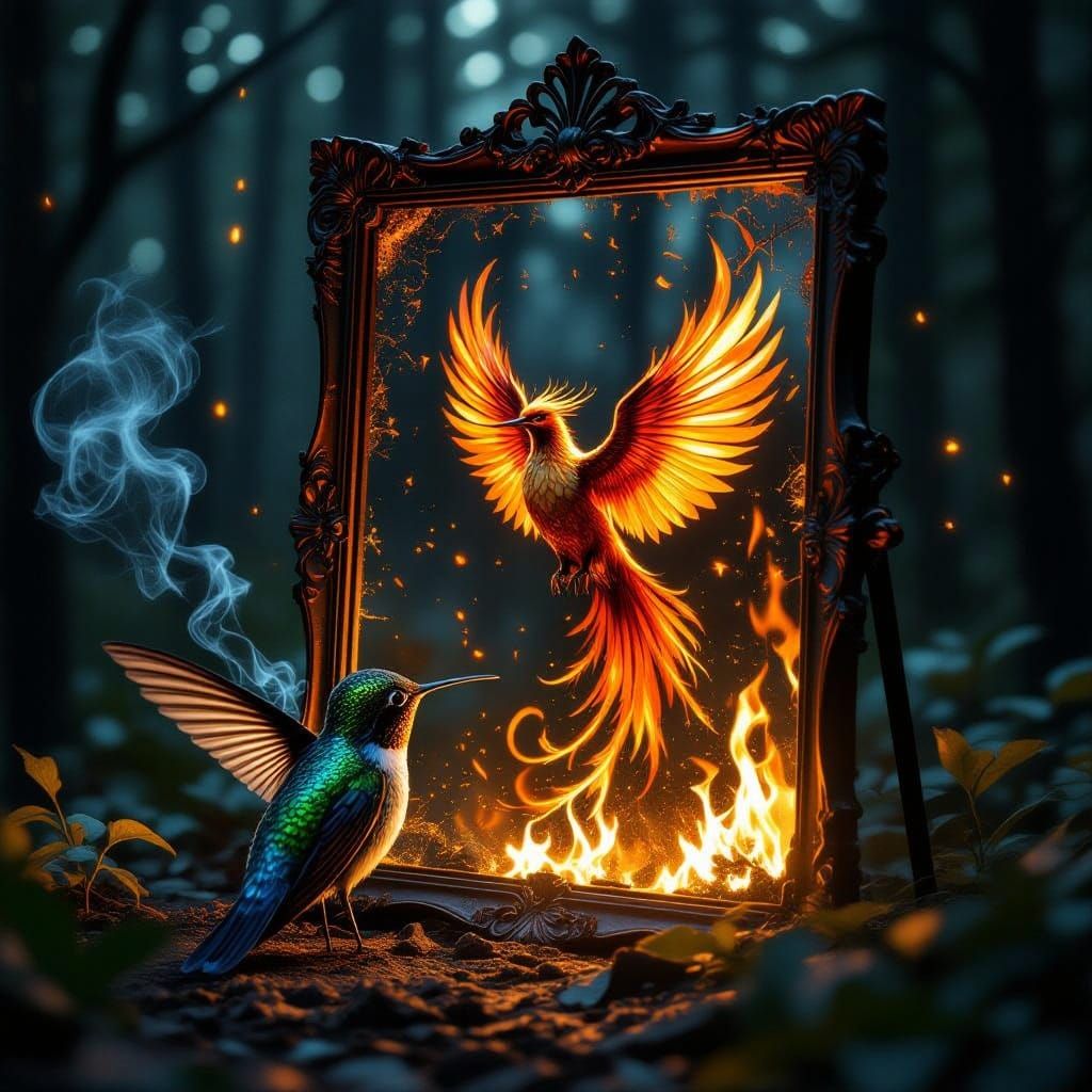 Hummingbird's Reflection Becomes Fiery Phoenix in Dark Fanta...