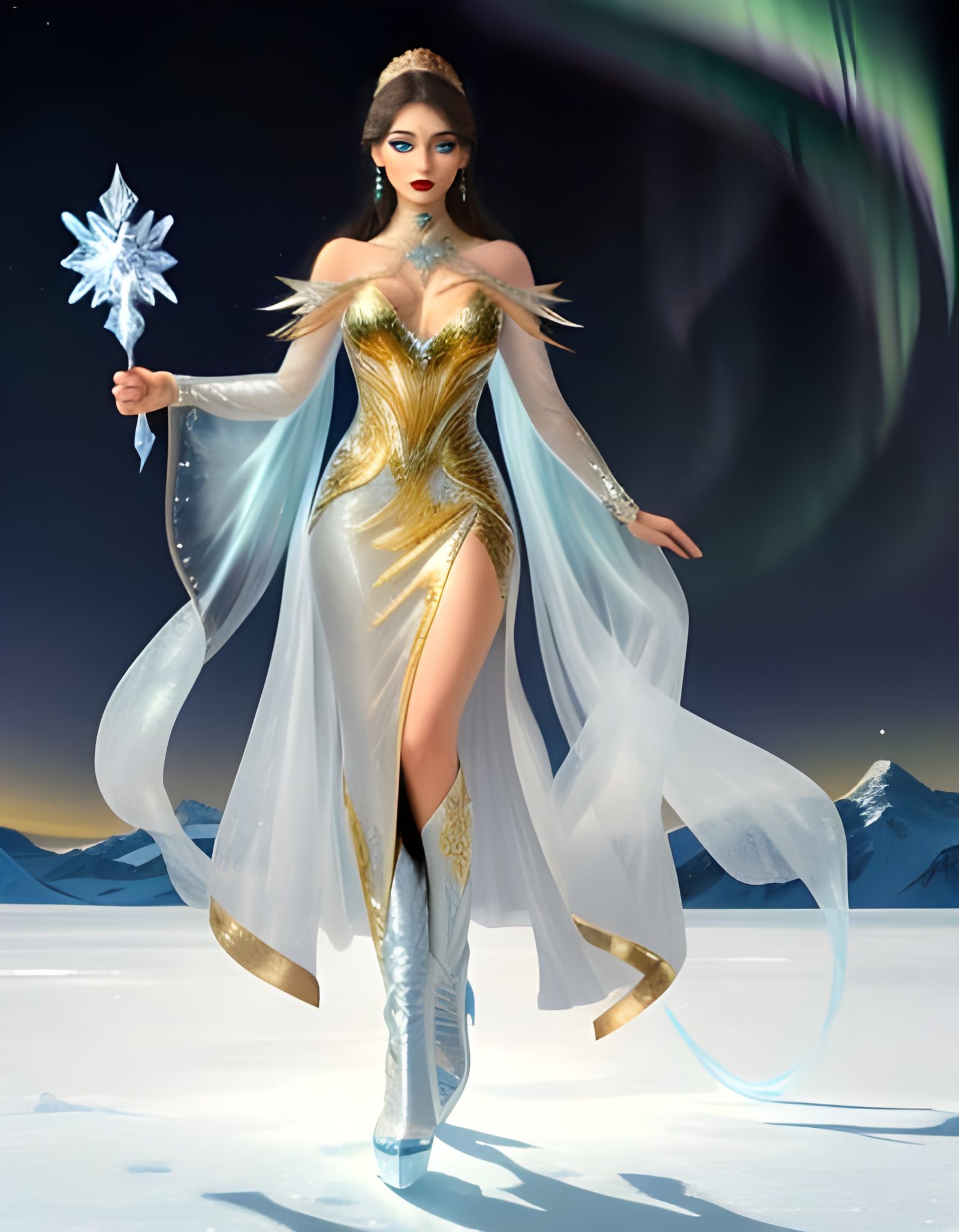 Ethereal Ice Queen Reigns in Crystal Frozen Landscape
