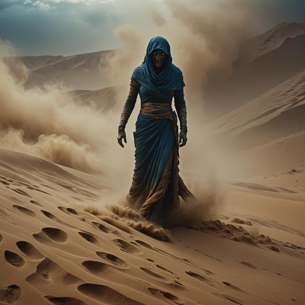 Mummy in Sandstorm with Ghostly Shadow, Oil Painting