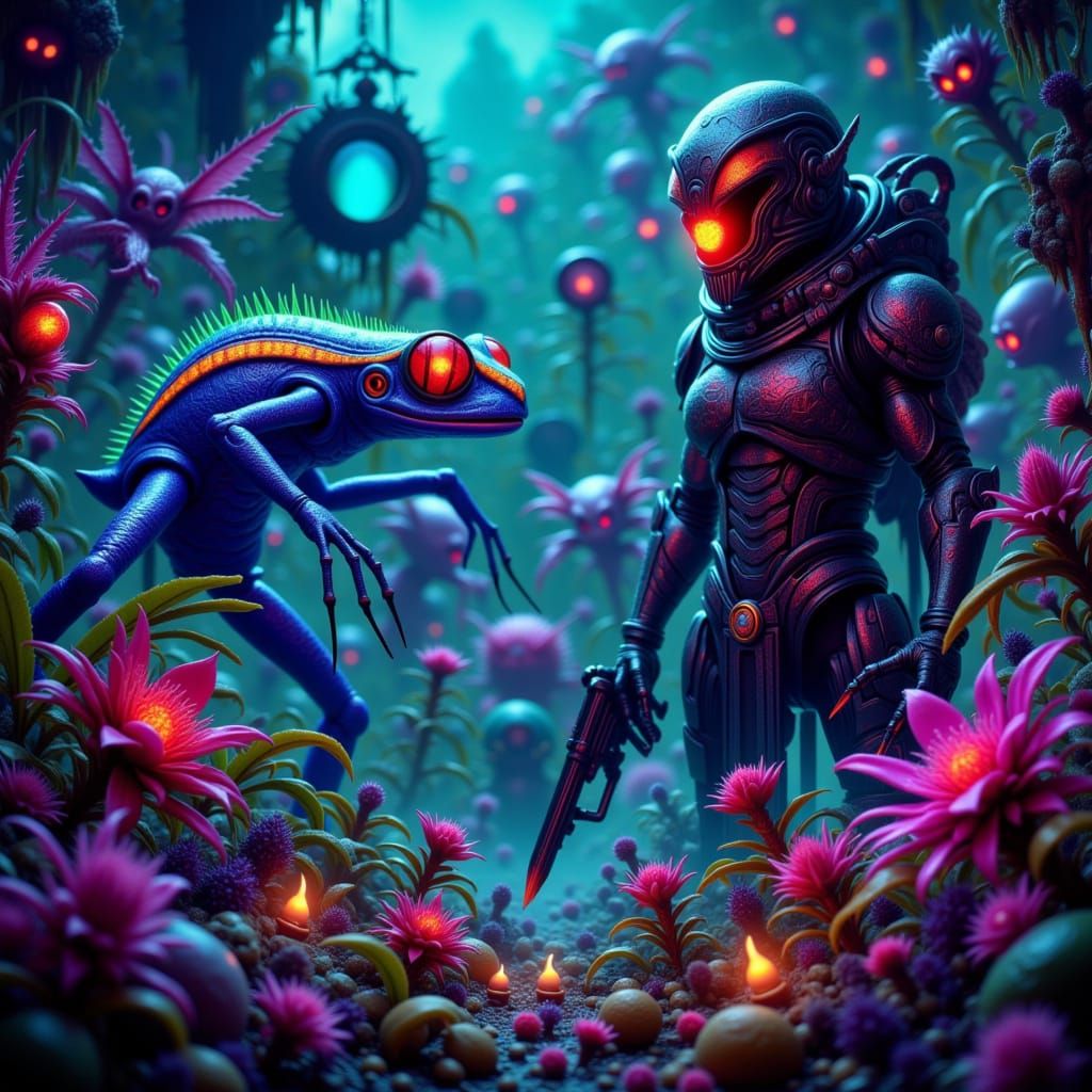 Alien Frog Meets Space Trooper on Vibrant Planet