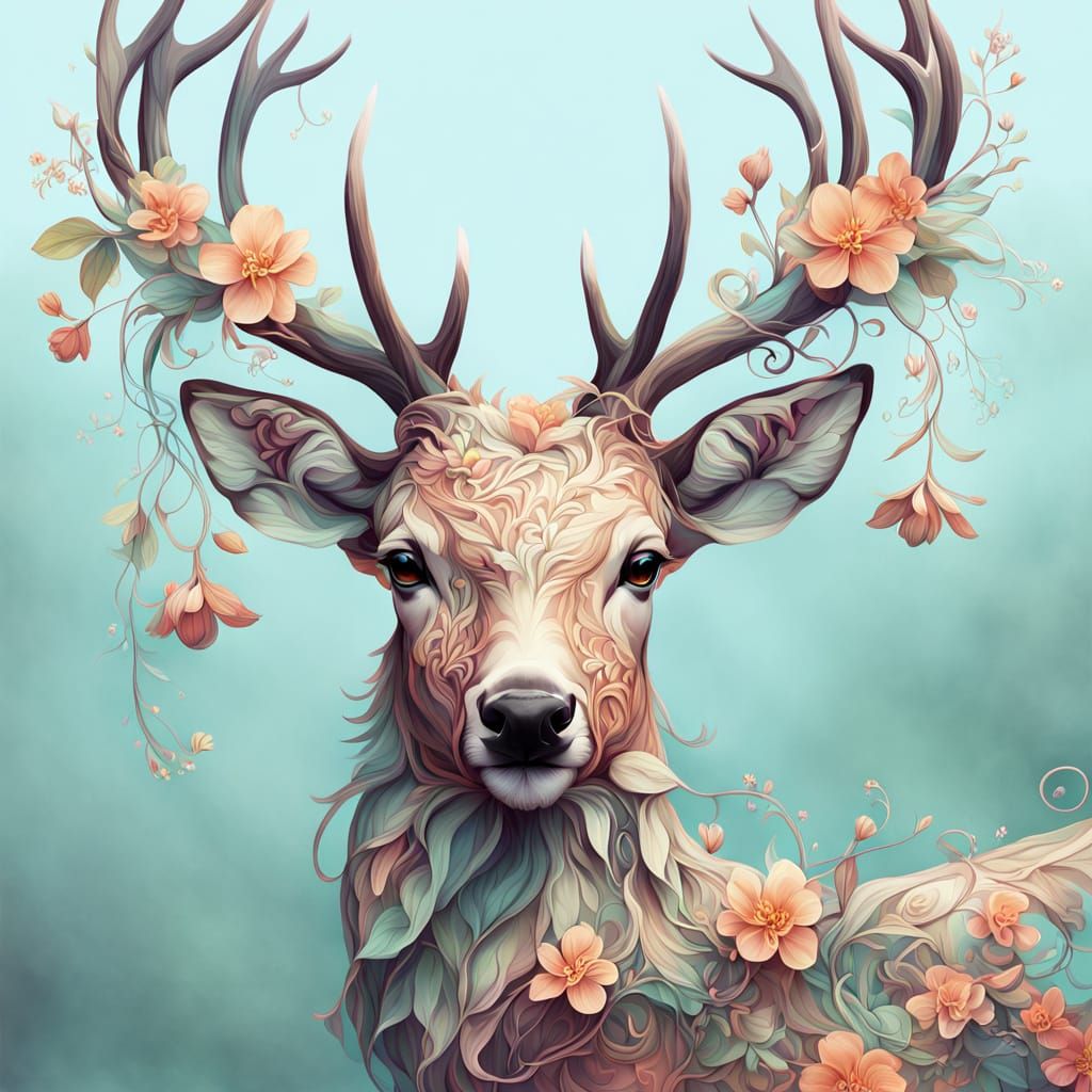 Floral Deer Portrait in Botanical Fantasy Style