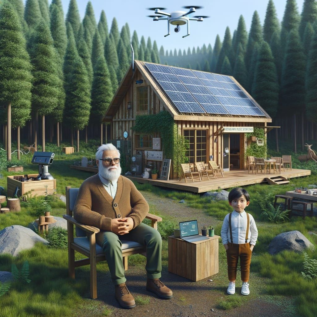 Futuristic Forest Scene with Scientist and Boy