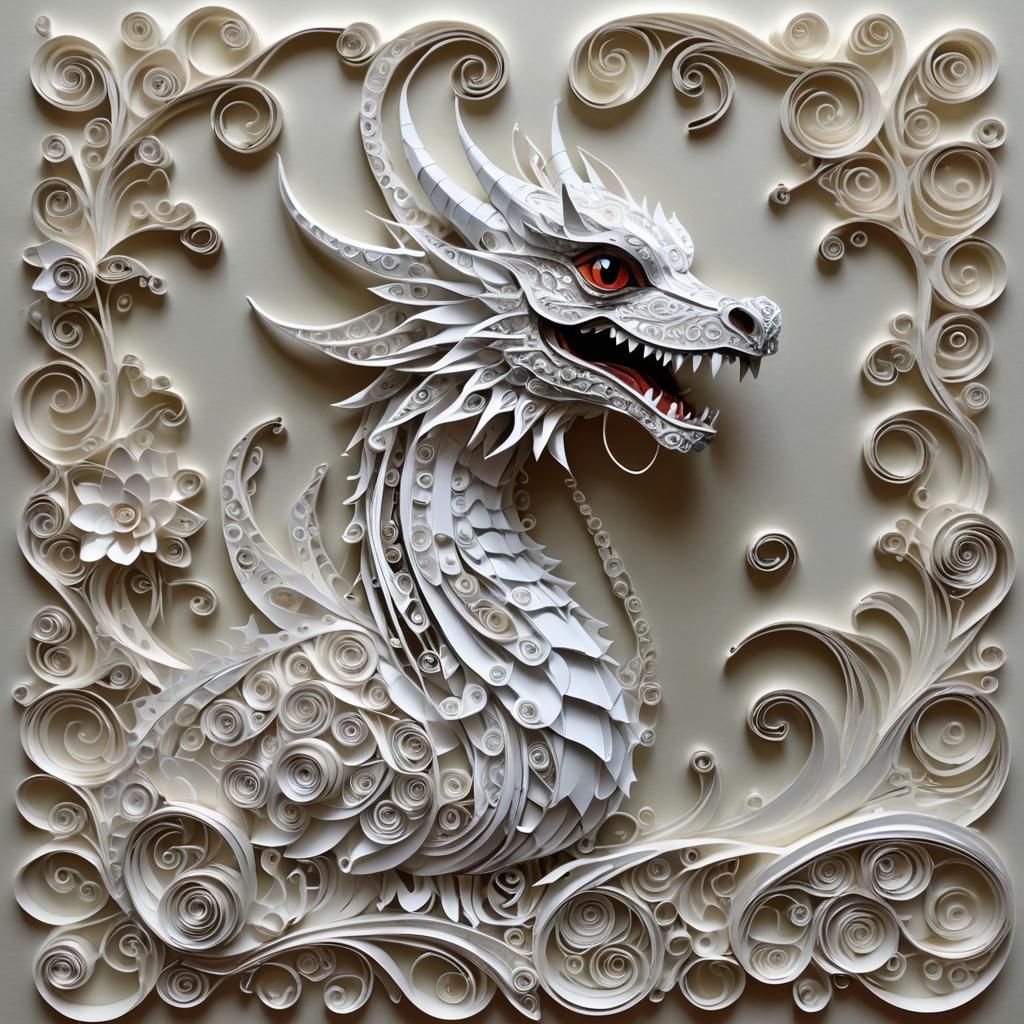 Entwined White Dragons in Mixed Media Relief