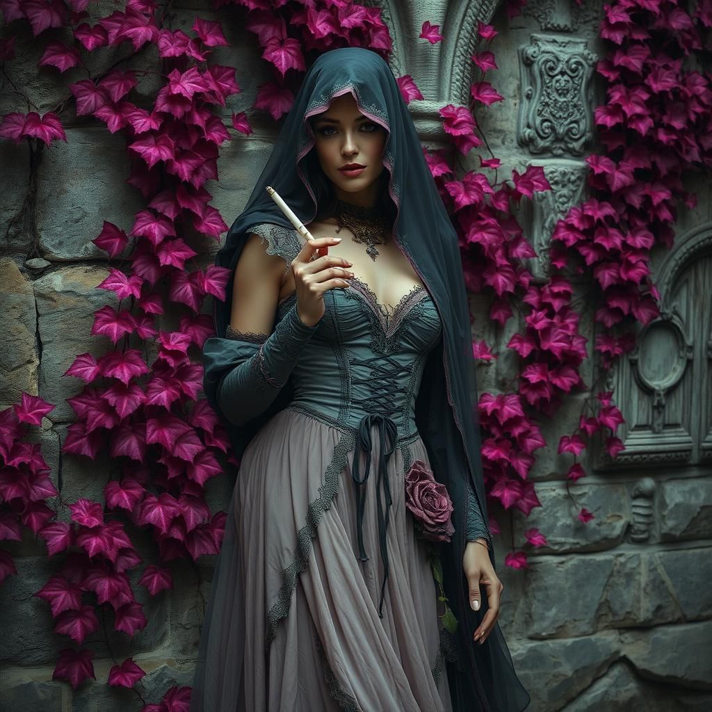 Gothic Bride Smoking Against Ivy Wall
