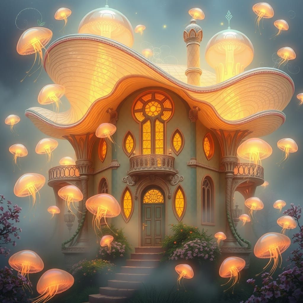 Glass Jellyfish House in Photorealistic Fantasy Style