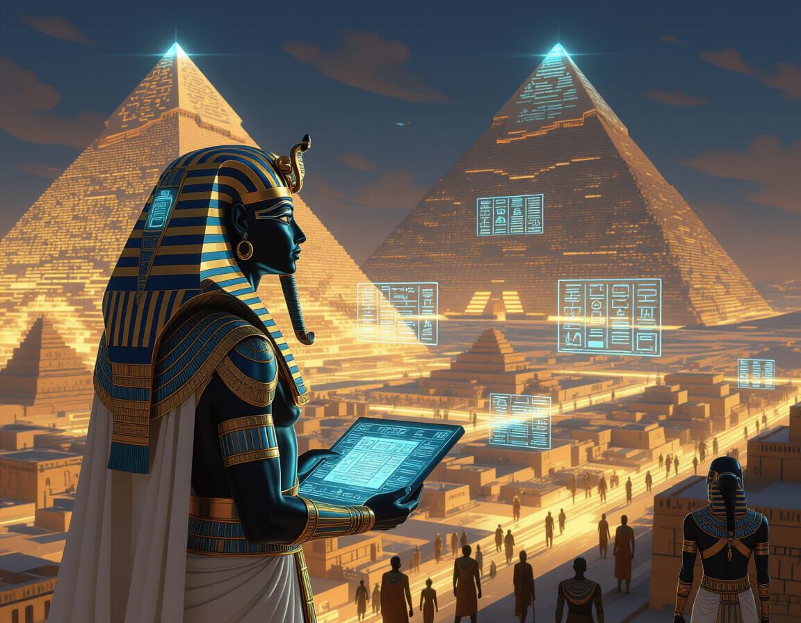 Cybernetic Pharaoh Oversees Futuristic Egyptian City