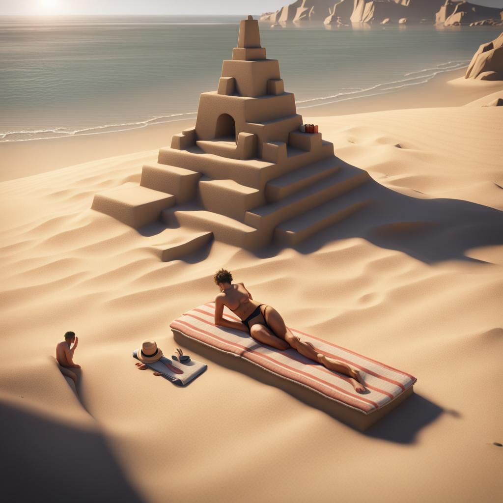 Beach Scene with Surfers and Sandcastles