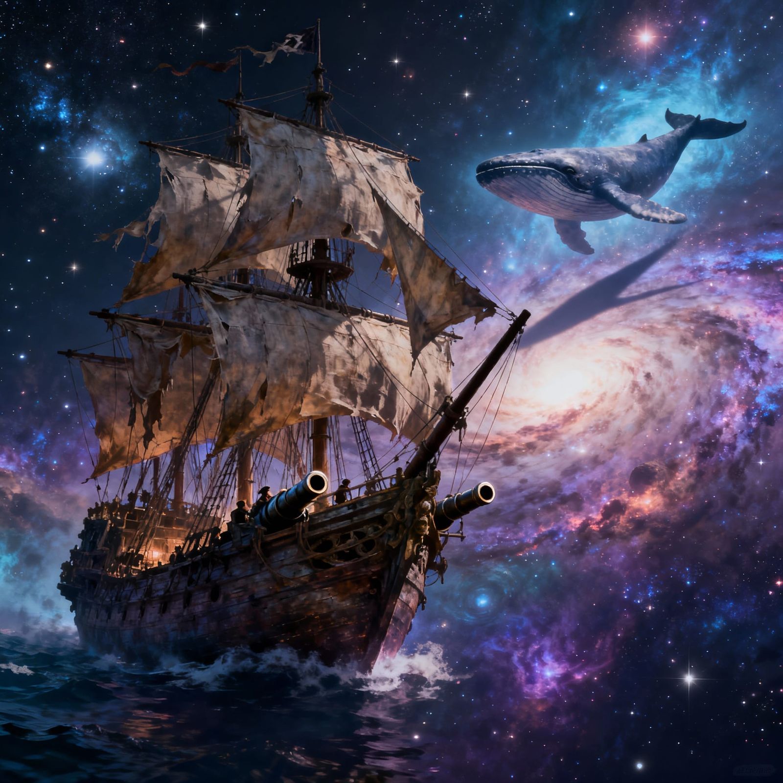 Pirate Ship in Nebula with Space Whale, Concept Art Style