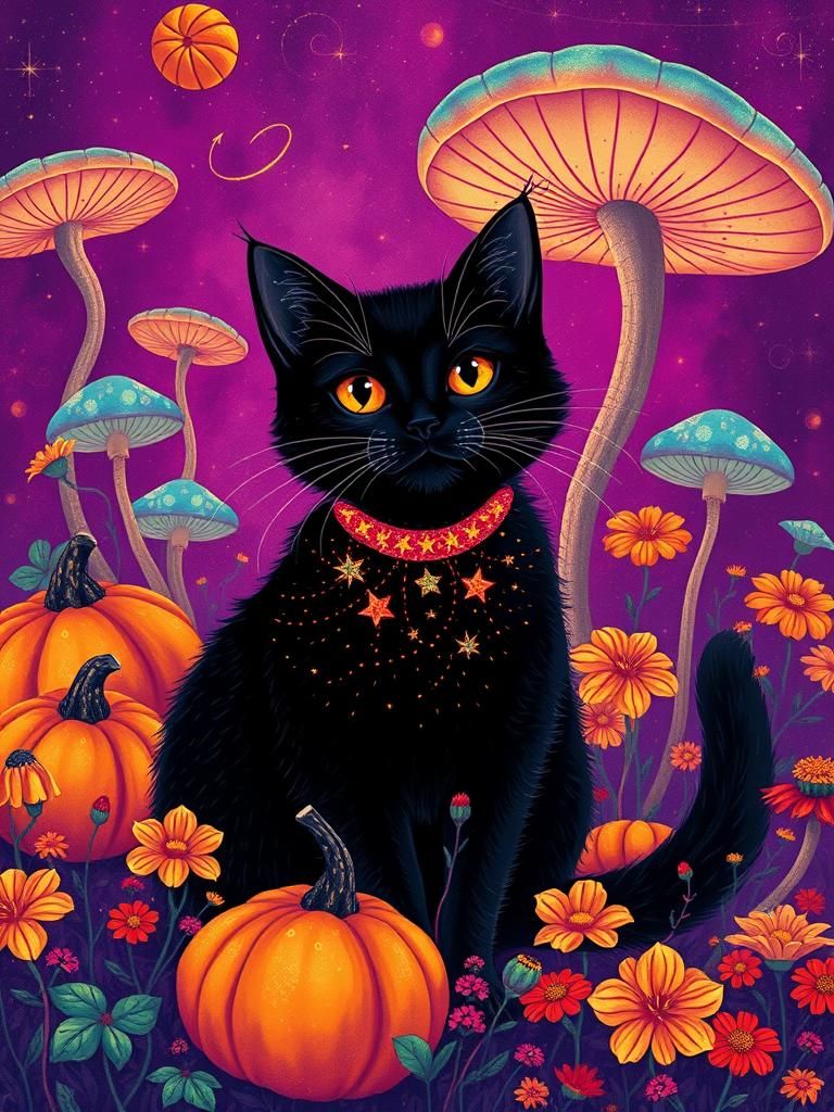 Cosmic Black Cat in Psychedelic Autumn Dreamscape