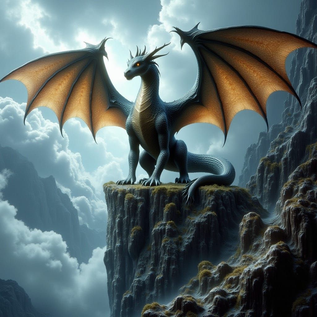 Dragon on Misty Cliff in Fantasy Illustration Style