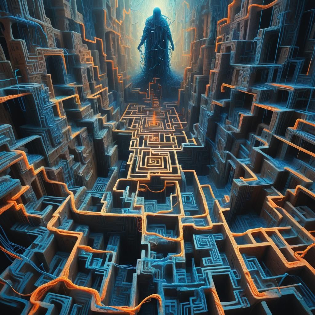 Iridescent String Maze in Dreamlike Landscape