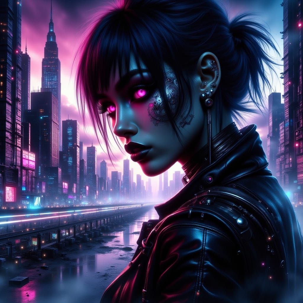 Futuristic Woman in Neon-Lit Cityscape