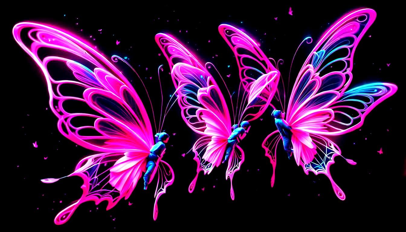 Neon Pink Fairy Butterflies on Black Background