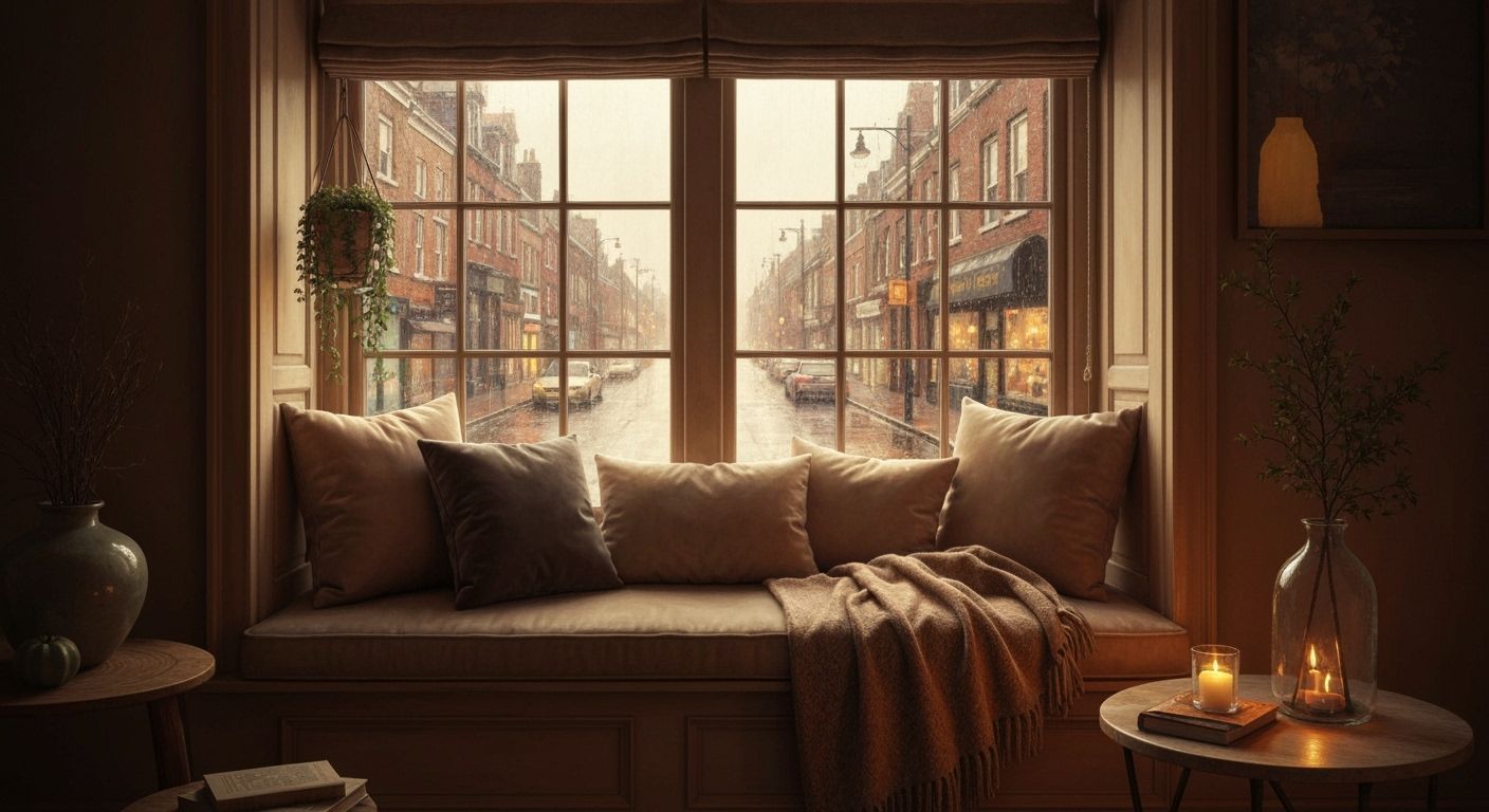 Cozy Rainy Street View in Golden Light