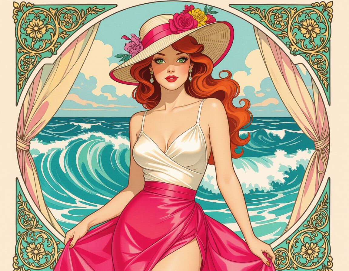 Elegant Lady with Hazel Eyes in Pink Skirt, Stormy Seas Pain...