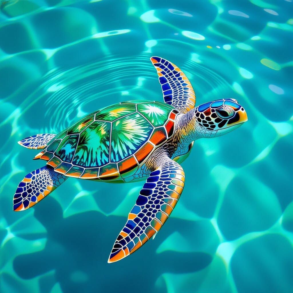 Mosaic Sea Turtle in Turquoise Water
