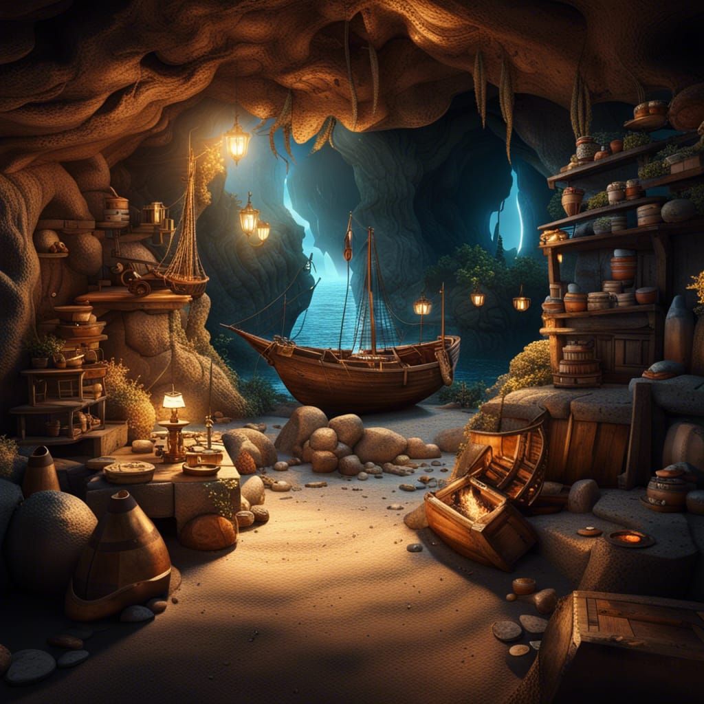 Treasure Cave with Pirate Ship in Golden Light