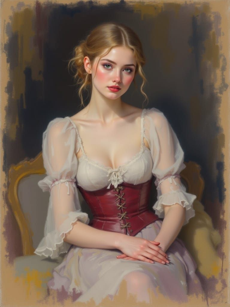 Graceful Woman in Crimson Corset: Soft Pastel Sketch