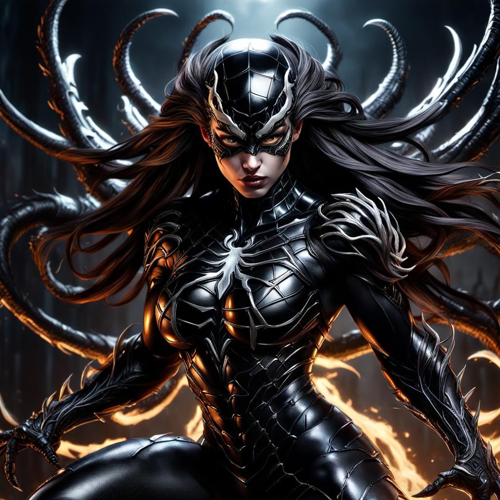 Angelic creature, warrior girl, black symbiote attached, shiny, angelic look, psychotic, fighting stance, highly detaile...